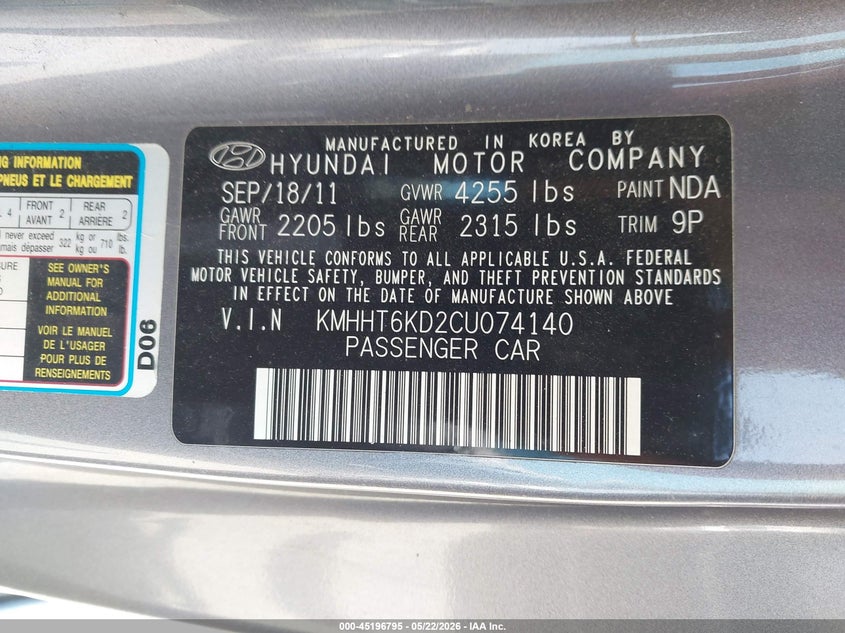 2012 Hyundai Genesis 2.0 2.0T grey Lot 111045196795 Vin KMHHT6KD2CU074140
