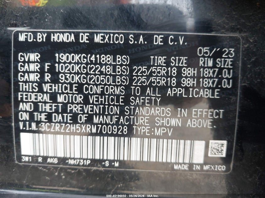 VIN 3CZRZ2H5XRM700928 2024 HONDA HR-V AWD SPORT/AWD SPORT W/O BSI