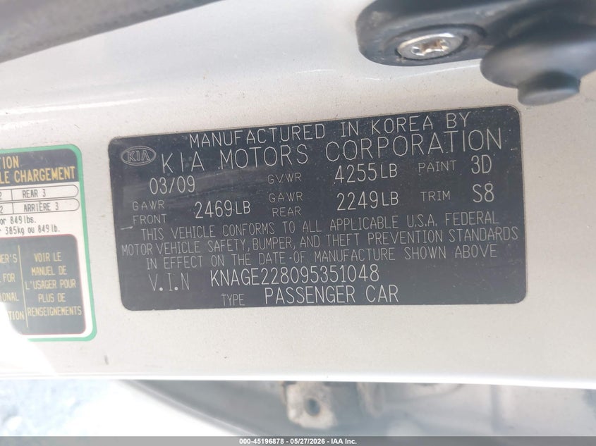 2009 Kia Optima Lx VIN: KNAGE228095351048 Lot: 45196878