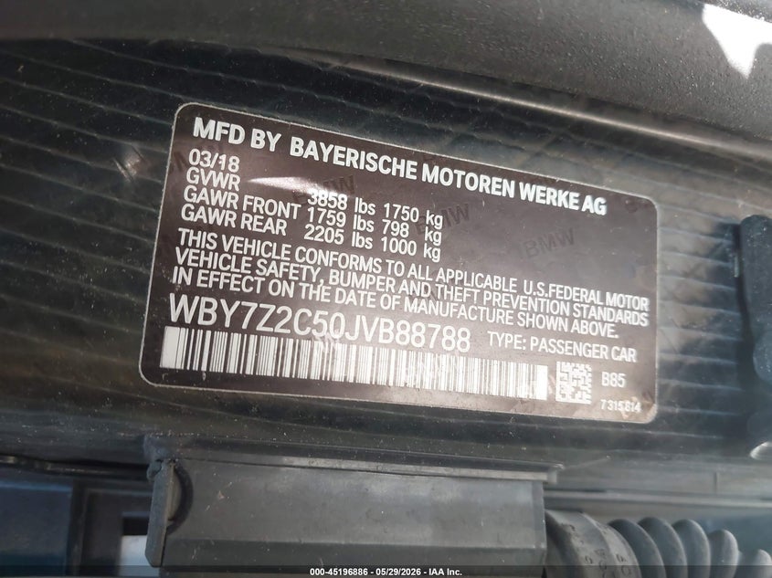 2018 BMW I3 94Ah VIN: WBY7Z2C50JVB88788 Lot: 45196886