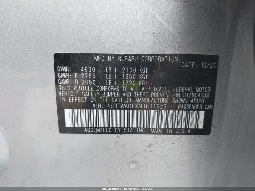 2022 Subaru Legacy Premium VIN: 4S3BWAD6XN3011623 Lot: 45196918