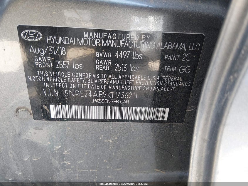 2019 HYUNDAI SONATA SEDAN 2.4L I-4 DI, DOHC, VVT, 185HP