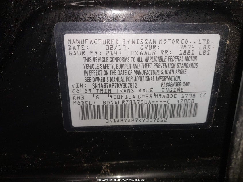 VIN 3N1AB7AP7KY307812 2019 NISSAN SENTRA SR