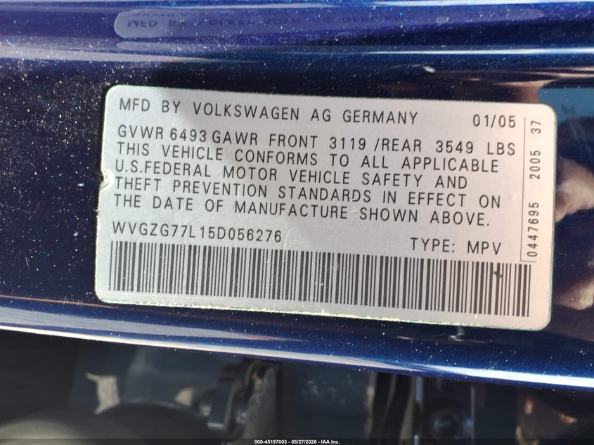 2005 Volkswagen Touareg V6/V6 (A6) VIN: WVGZG77L15D056276 Lot: 45197003