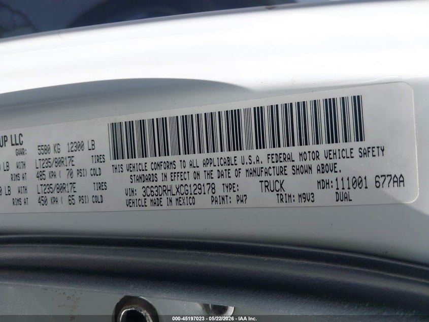 2012 Ram 3500 Ram Slt white Lot 111045197023 Vin 3C63DRHLXCG129178