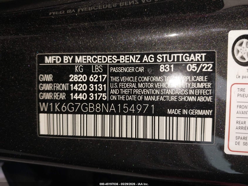 2022 Mercedes-Benz S 580 4Matic VIN: W1K6G7GB8NA154971 Lot: 45197036