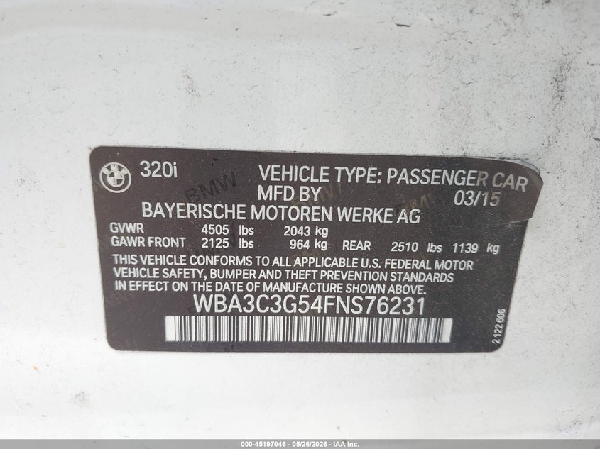 2015 BMW 320I xDrive VIN: WBA3C3G54FNS76231 Lot: 45197046
