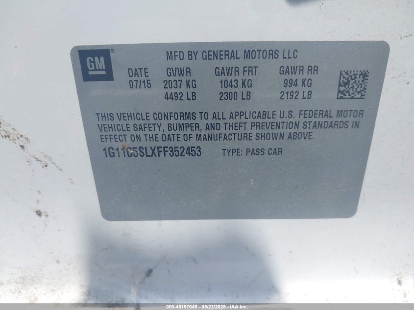 2015 CHEVROLET MALIBU SEDAN 2.5L I-4 DI, DOHC, VVT, 196HP