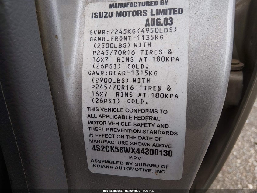 2004 Isuzu Rodeo S 3.2L V6 VIN: 4S2CK58WX44300130 Lot: 45197065