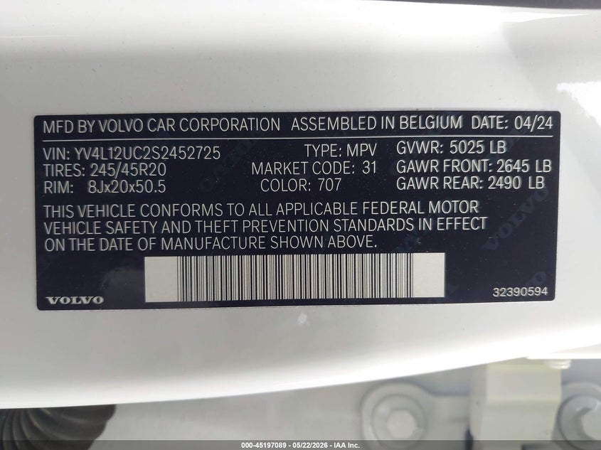 2025 Volvo Xc40 B5 Plus Dark Theme VIN: YV4L12UC2S2452725 Lot: 45197089