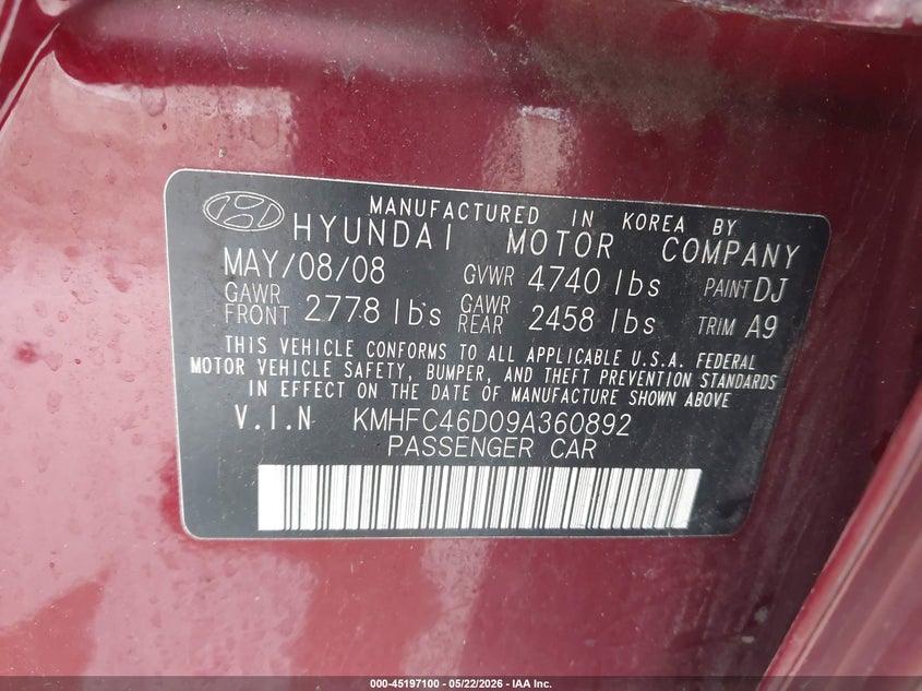 2009 Hyundai Azera Gls VIN: KMHFC46D09A360892 Lot: 45197100