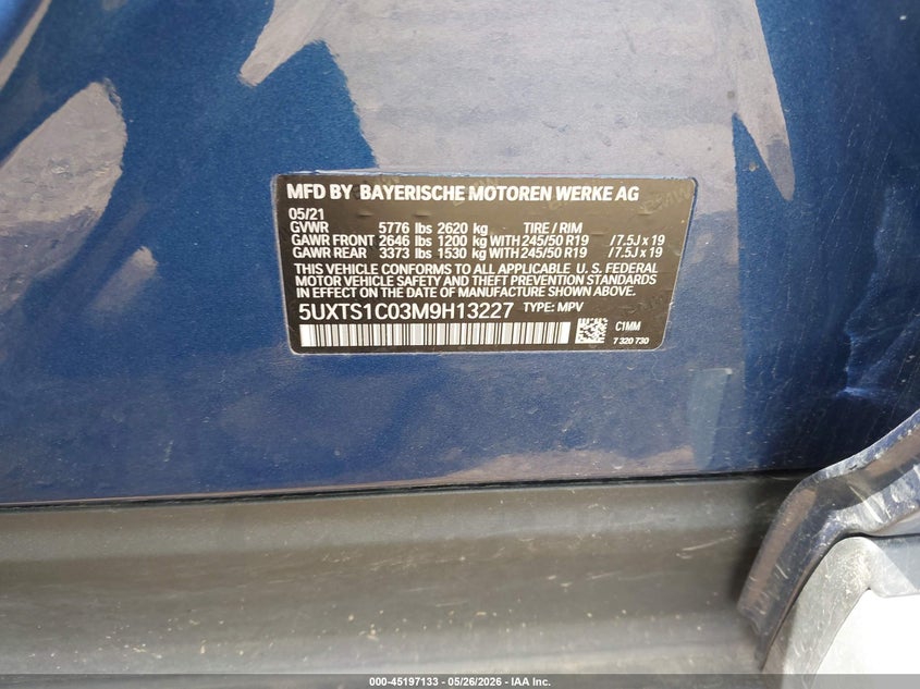 2021 BMW X3 SPORT UTILITY VEHICLE 2.0L I-4 DI, DOHC, VVT, TURBO, 180HP