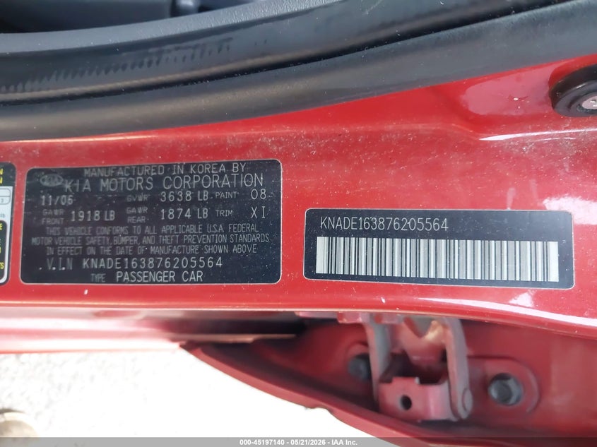 2007 Kia Rio5 Sx VIN: KNADE163876205564 Lot: 45197140