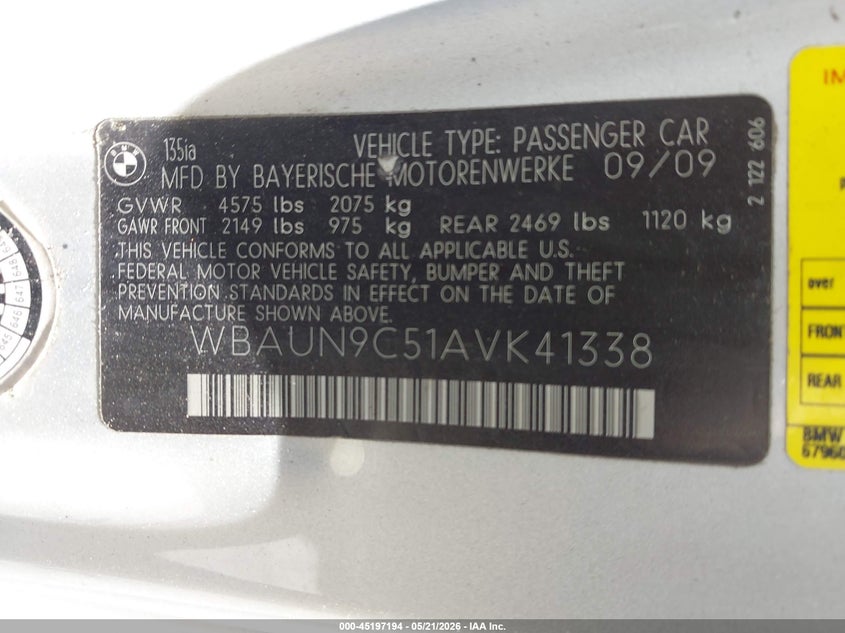 2010 BMW 135I VIN: WBAUN9C51AVK41338 Lot: 45197194