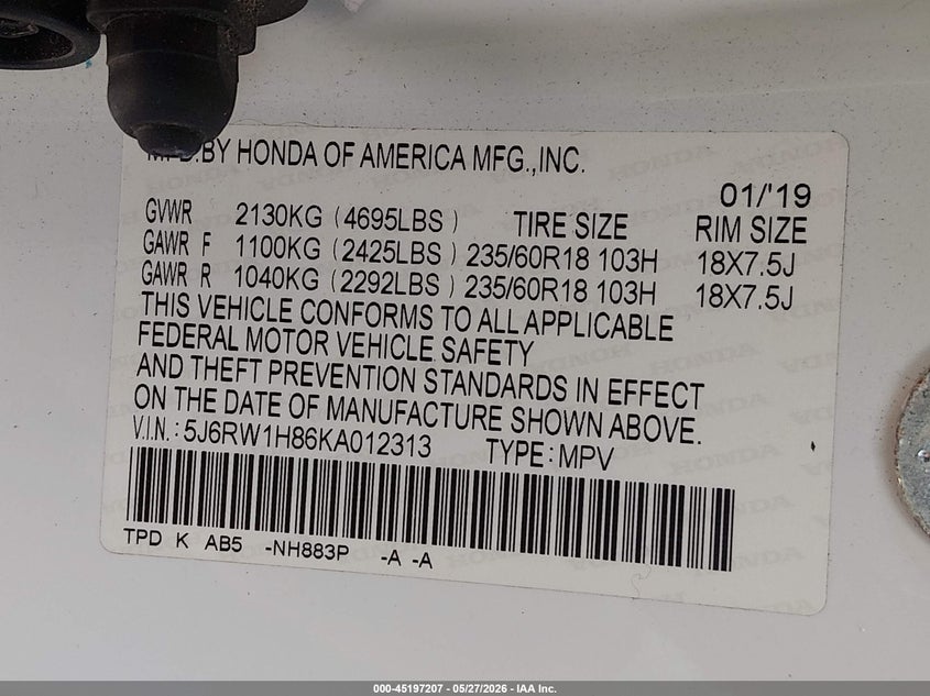 VIN 5J6RW1H86KA012313 2019 HONDA CR-V EX-L