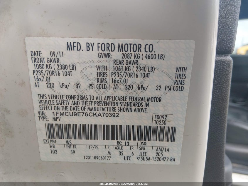 2012 Ford Escape 2.5 Limited white Lot 111045197233 Vin 1FMCU9E76CKA70392