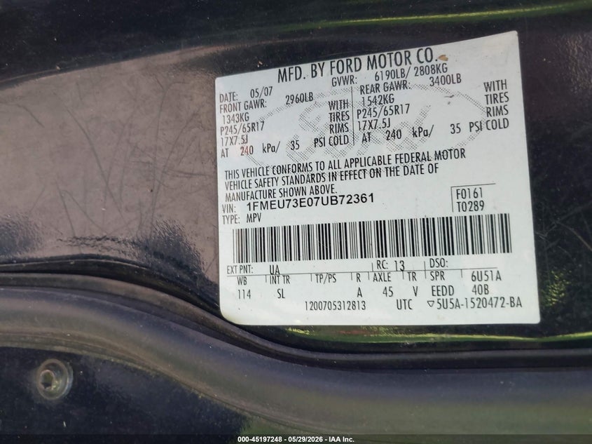 2007 Ford Explorer Xlt VIN: 1FMEU73E07UB72361 Lot: 45197248