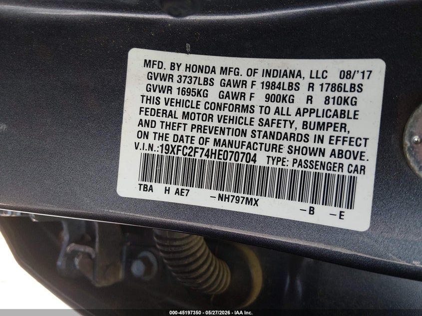 VIN 19XFC2F74HE070704 2017 HONDA CIVIC EX