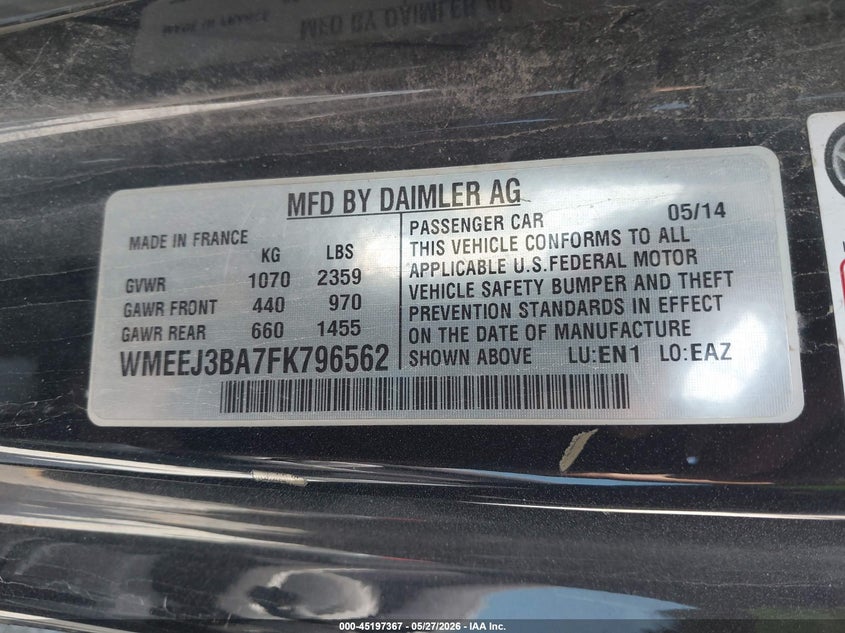 2015 Smart Fortwo Pure VIN: WMEEJ3BA7FK796562 Lot: 45197367