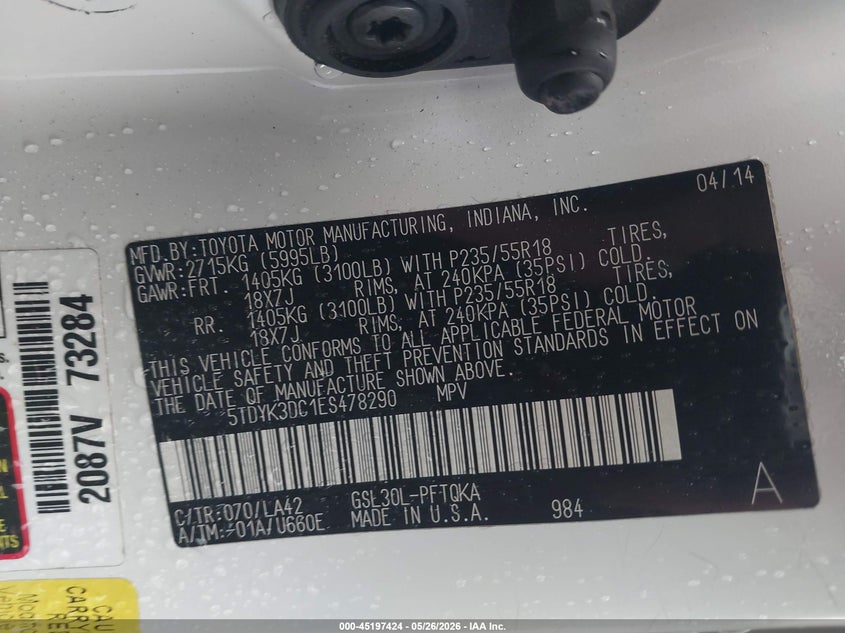 TOYOTA SIENNA 2014 VIN 5TDYK3DC1ES478290