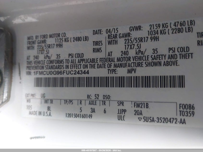 2015 Ford Escape Se VIN: 1FMCU0G96FUC24344 Lot: 45197507