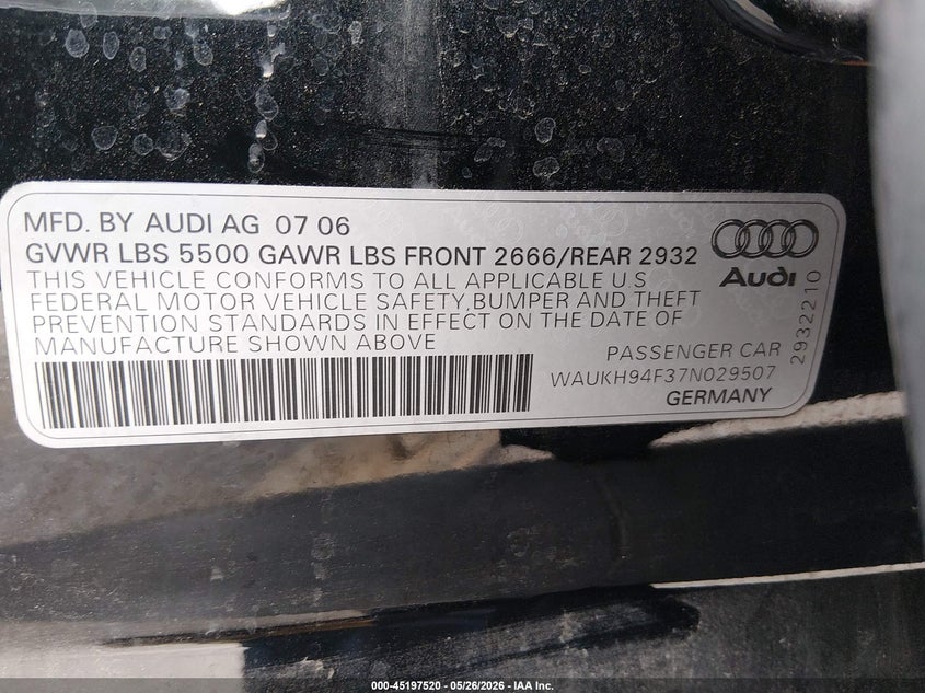 2007 Audi A6 3.2 Avant VIN: WAUKH94F37N029507 Lot: 45197520