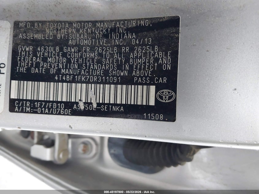 2013 TOYOTA CAMRY SEDAN 2.5L I-4 DOHC, VVT, 173HP