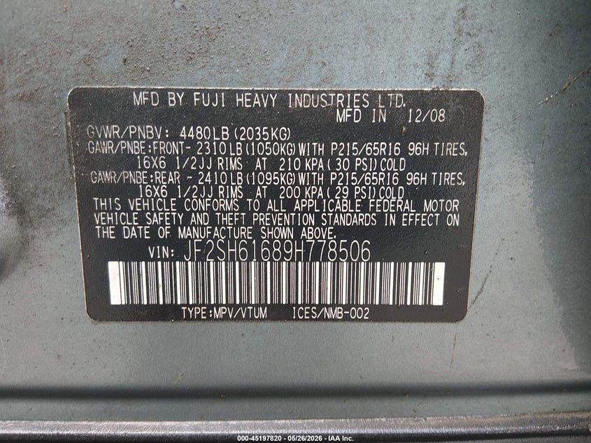 2009 Subaru Forester 2.5X VIN: JF2SH61689H778506 Lot: 45197820