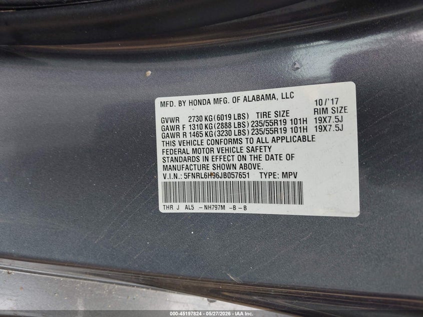VIN 5FNRL6H96JB057651 2018 HONDA ODYSSEY ELITE