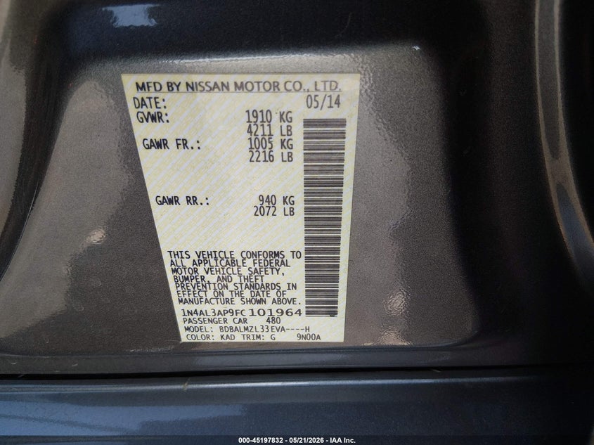 2015 NISSAN ALTIMA SEDAN 2.5L I-4 DOHC, VVT, 182HP