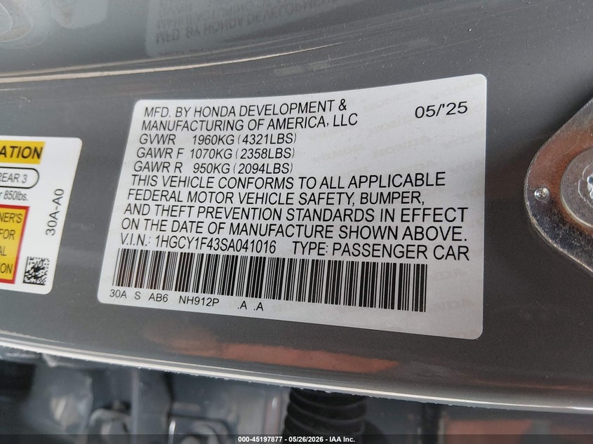 VIN 1HGCY1F43SA041016 2025 HONDA ACCORD SE