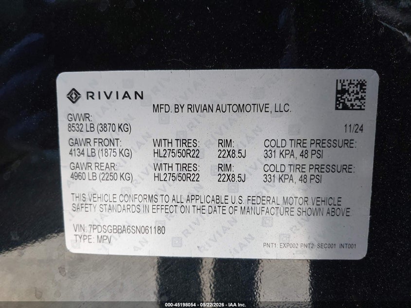 2025 Rivian R1S Adventure Dual Motor Large Pack/Adventure Dual Motor Max Pack VIN: 7PDSGBBA6SN061180 Lot: 45198054