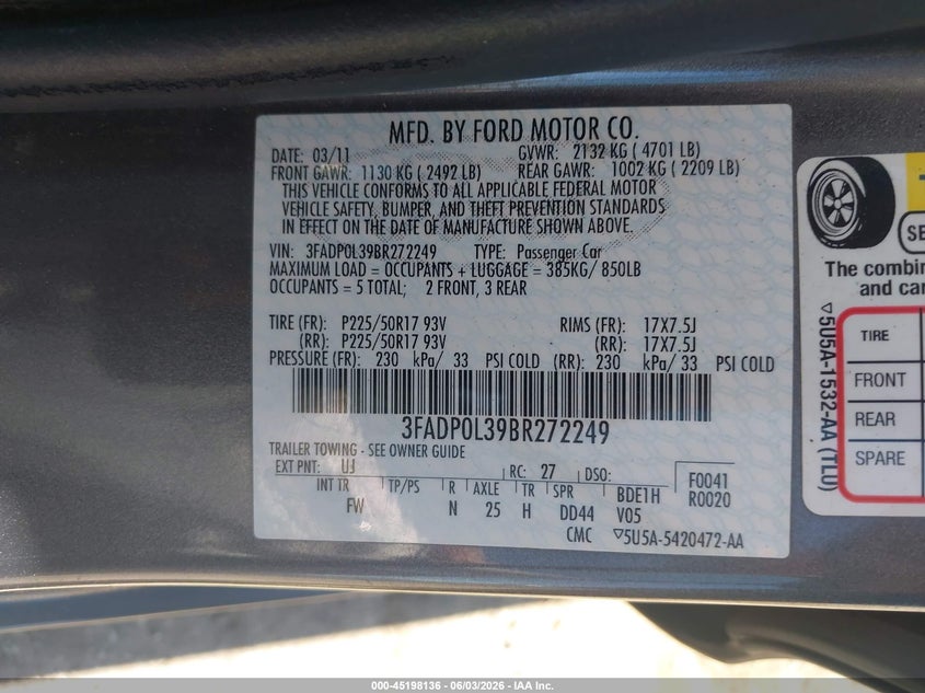 2011 Ford Fusion 2.5 Hybrid Grey Lot 111045198136 Vin 3FADP0L39BR272249