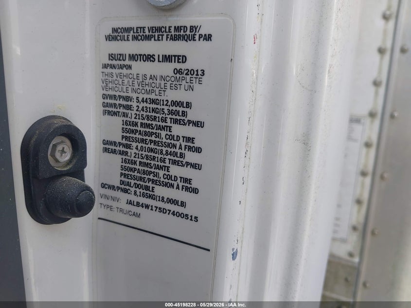 2013 Isuzu Npr Dsl Reg At Eco-Max VIN: JALB4W175D7400515 Lot: 45198228