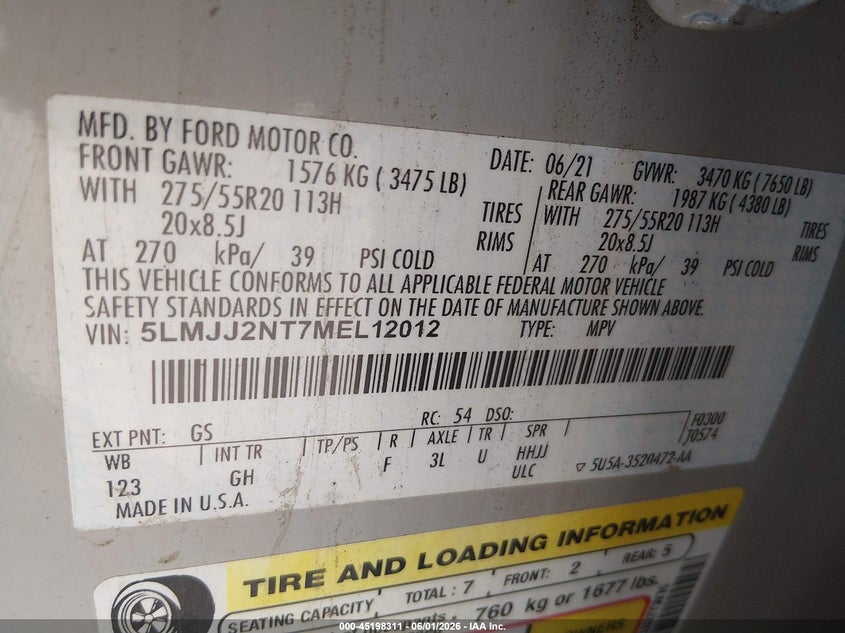 2021 Lincoln Navigator Standard VIN: 5LMJJ2NT7MEL12012 Lot: 45198311