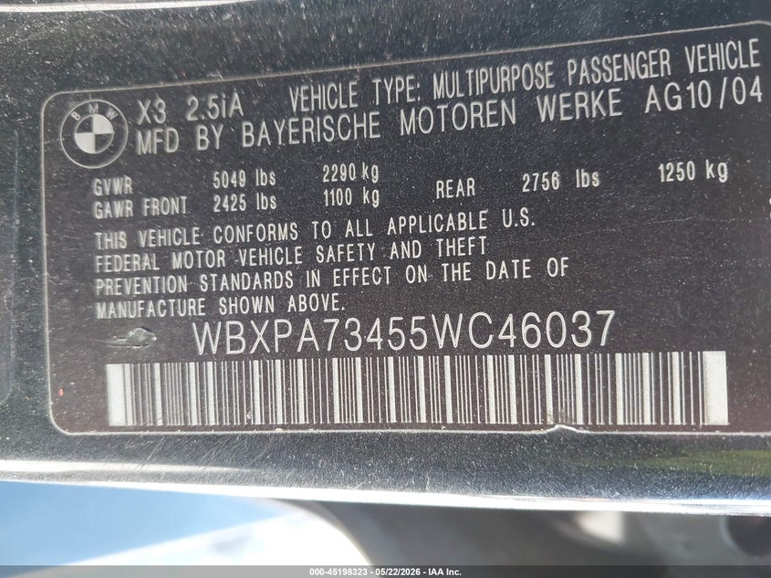 2005 BMW X3 2.5I VIN: WBXPA73455WC46037 Lot: 45198323