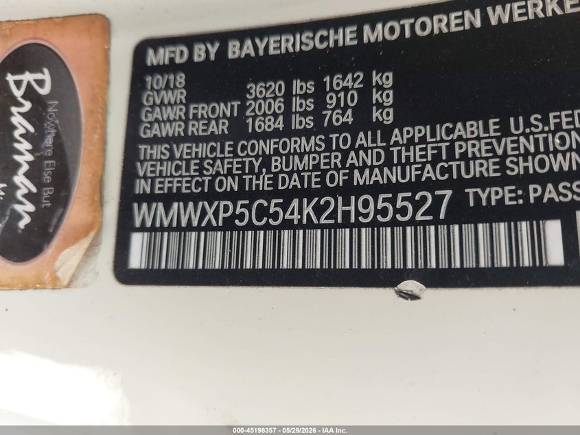 2019 Mini Hardtop Cooper VIN: WMWXP5C54K2H95527 Lot: 45198357