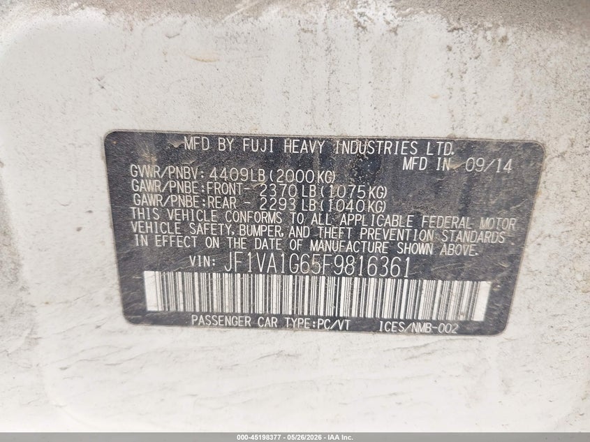 2015 Subaru Wrx Limited VIN: JF1VA1G65F9816361 Lot: 45198377