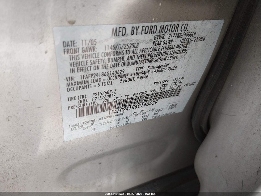 2006 Ford Five Hundred Sel VIN: 1FAFP24186G140629 Lot: 45198531