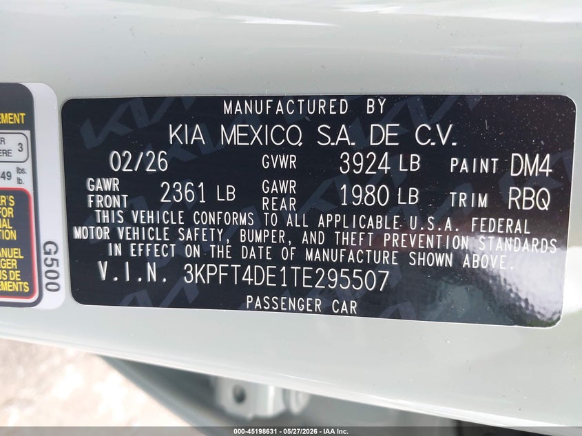 2026 Kia K4 Lxs VIN: 3KPFT4DE1TE295507 Lot: 45198631