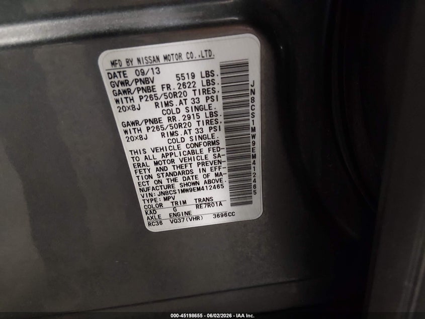 2014 Infiniti Qx70 VIN: JN8CS1MW9EM412465 Lot: 45198655