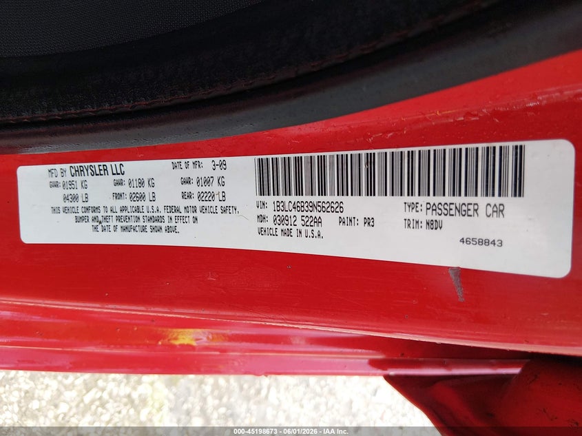 2009 Dodge Avenger Se/Sxt VIN: 1B3LC46B39N562626 Lot: 45198673