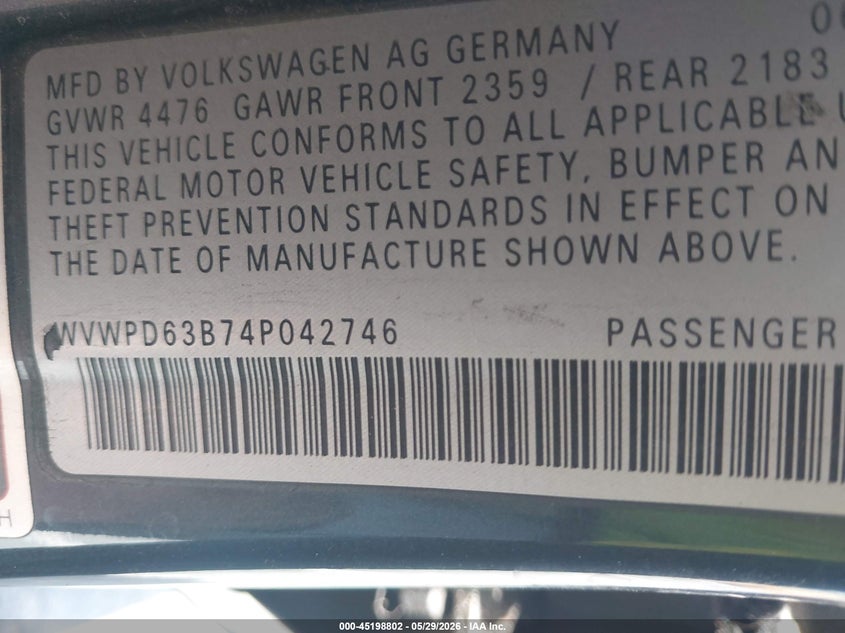 2004 Volkswagen Passat Gls VIN: WVWPD63B74P042746 Lot: 45198802