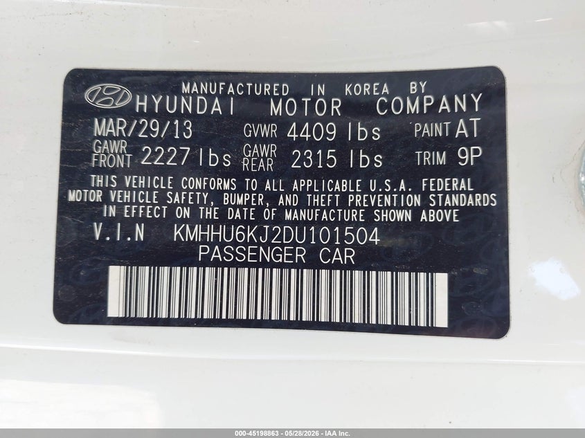 2013 Hyundai Genesis 3.8 Track VIN: KMHHU6KJ2DU101504 Lot: 45198863