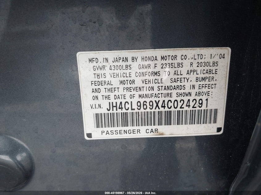 2004 Acura Tsx VIN: JH4CL969X4C024291 Lot: 45198967
