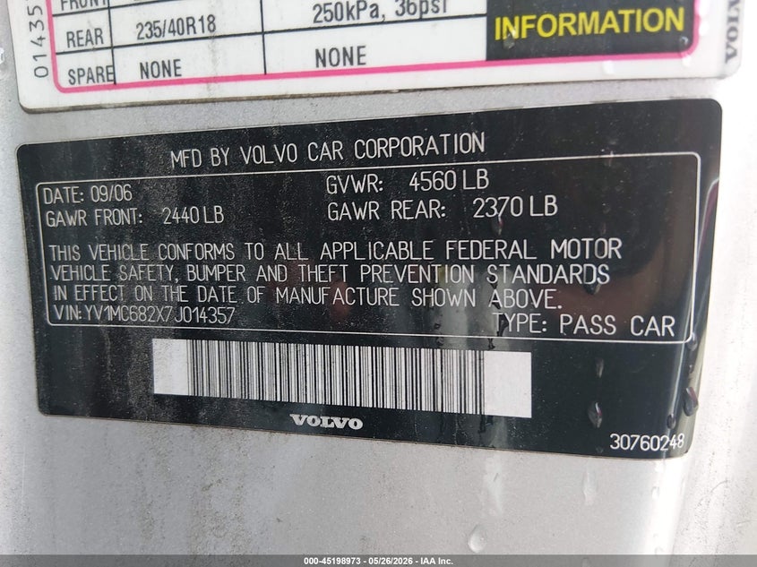 2007 Volvo C70 T5 VIN: YV1MC682X7J014357 Lot: 45198973