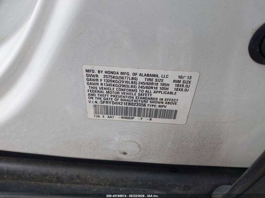 2014 Acura Mdx VIN: 5FRYD4H21EB023556 Lot: 45198974