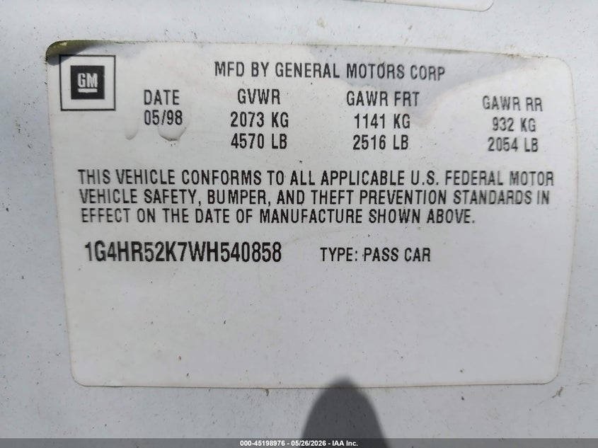 1998 Buick Lesabre Limited VIN: 1G4HR52K7WH540858 Lot: 45198976