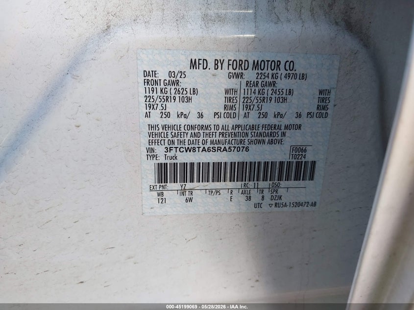 2025 Ford Maverick Lobo Standard VIN: 3FTCW8TA6SRA57076 Lot: 45199069