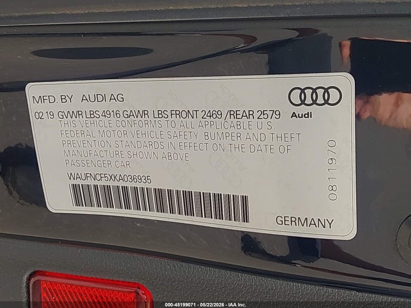 2019 Audi A5 45 Premium VIN: WAUFNCF5XKA036935 Lot: 45199071